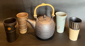 lot 247 image: Unmarked Saki Tea Pot Pottery with 4 Cups Set