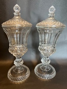 lot 252 image: Pair of #1943 Westmoreland Diamond Point Covered Glass Urns