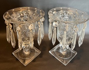 lot 255 image: Pair Heisey Ipswich Candle Vases with Crystal Prisms