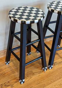 lot 92 image: Pair Checked Painted Barstools by Michele Sprague Design
