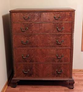 lot 82 image: Vintage Burled Wood Highboy Dresser with Carved Wood Accents