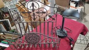 2- metal magazine racks, 1 wine rack and desk lamp
