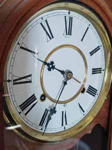 lot 3 image: Vintage Shoji Wall Clock with Key, Japanese Made Vienna Regulator Wall Clock, 36-inches tall X 15-inches wide