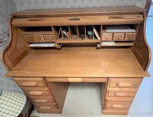 lot 11 image: Wooden Roll Top Desk 50-inches wide X 45-inches tall X 28-inches deep, Desk is One-Piece, Top does not come off