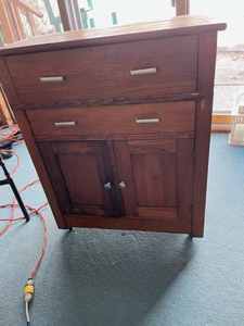 lot 21 image: 2-Drawer Vintage Wood Cabinet with 2-Doors on Bottom 30-inches wide X 35-inches tall X 15-inches deep