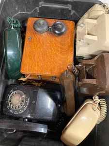 lot 33 image: Six Vintage Telephones including an Oak Hand Crank Wall Telephone, Two Rotary Dial and Three Push Button Telephones