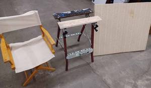 lot 101 image: Keller 200 lb. Aluminum Ladder, Folding Work-Mate Table, Folding Directors Chair, and a Folding Push-Pin Styrofoam Bd.