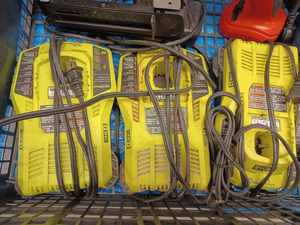 lot 113 image: Basket of Corded, Cordless, and Air Tools including 3-Ryobi 30 Amp Chargers, Air Stapler, Campbell Hausfeld Air Stapler