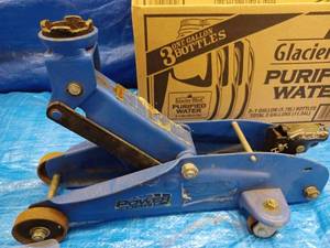 lot 115 image: Box of Tyools and Hardware including a Trolley Jack (Missing Handle), 3-Combination Wrenches, Cross Wrench, Funnels