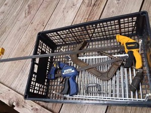 lot 122 image: Irwin and DeWalt Quick-Clamps and Two C Clamps including a Husky 9-inch, and a White Cooling Rack for Baking