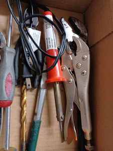 lot 129 image: Box of Assorted Hand Tools Including Channel Pliers, Lock Grip Pliers, 25-foot Tape Measure, and More