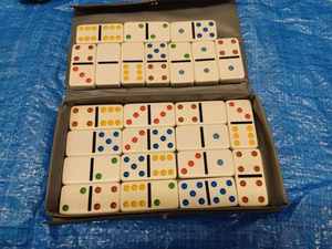 lot 147 image: Box of Toys including Two Partial Sets of Dominos, Small Tootsie Toy Dump Truck, Fast Food Kids Meal Toys and More