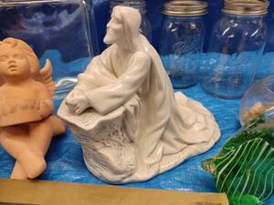 lot 154 image: Decorative Glass Block for Curios, Ceramic Jesus at Gethsemane, Ball and Kerr Canning Jars, and a New Lace Motif
