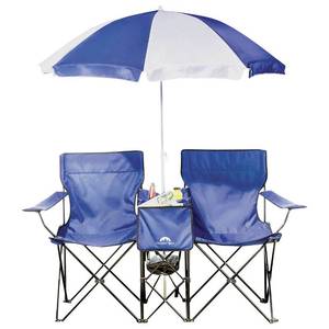 lot 256 image: New  Folding Chair Set with Table and Umbrella - Blue