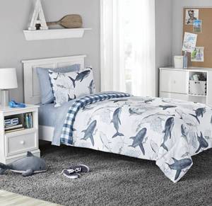 lot 283 image: Brand New Members Mark Flannel Kids Shark Reversible Bed-in-a-Bag Fits Full Size Bed Comforter Set