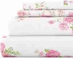 lot 460 image: New Pink Rose Bunch 4 Piece 100% Cotton Flannel Deep Pocket Sheet Set Queen by Noble Linens