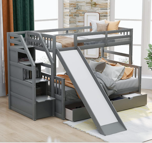 MERITLINE Twin Over Full Bunk Bed with Storage and Slide,Stackable Wood Twin Over Full Bunk Bed for Kids in Gray (3 BOXES TOTAL, OPEN)