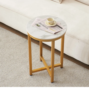 16 Sintered Stone Round Side Table with Gold Metal Frame & Marble Carrara White Top