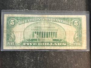 1934 US BLUE SEAL $5 SILVER CERTIFICATE