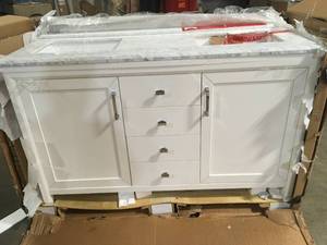 Rockleigh 60 in. W x 22 in. D Bath Vanity in White with Marble Vanity Top in Carrara White with White Basin by Home Decorators Collection Customer Returns See Pictures