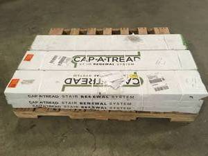 Pallet of 9 Boxes of Cap A Tread  Choice Oak 47 in. L x 12 in. T x 7-38 in. W Vinyl Overlay Riser to be Used with Cap A Tread   Customer Returns See Pictures
