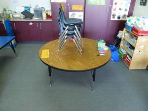 lot 89 image: Room 162 Student Round Table Blue Chairs