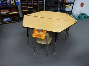 lot 109 image: Room 177 Trapezoid Tables x 2 & Chairs