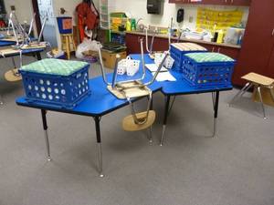 lot 144 image: Room 171 Blue Trapezoid Tables & Chairs