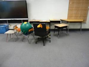 lot 162 image: Room 187 Student Desks, Chairs, Ball chair, Trapezoid Table