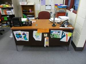 lot 168 image: Room 186 Teachers Desk Steel & Chair