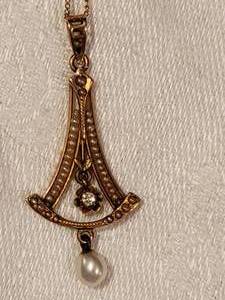 Romantic Art Deco 18K Gold Pendant with Seed Pearls and Pearl Dangle