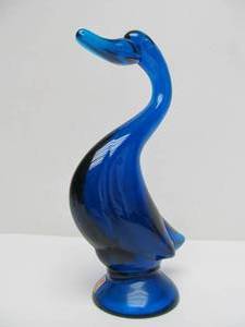 lot 22 image: Mid Century Blue Glass Signed VIKING Standing Duck or Goose Figure