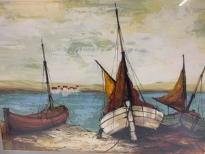 lot 77 image: Excellent Signed Mid Century Framed AcrylicOil Shoreline Painting wBoats