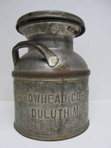 lot 131 image: Awesome Small Size Embossed Steel MilkDairy Can -from Arrowhead CO-OP Cry Duluth, Minn