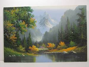 lot 134 image: Original Cabin In The Wilderness Large Landscape Painting Signed 36