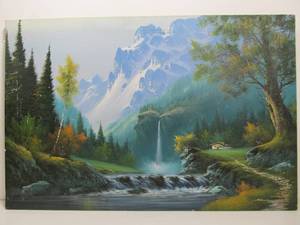 lot 135 image: Original Art Oil On Canvas Mountain Waterfall Painting Signed 35
