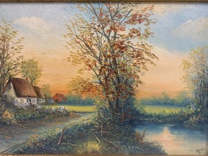 lot 82 image: Very Nice Antique Framed Signed MOYER Homestead Landscape Painting