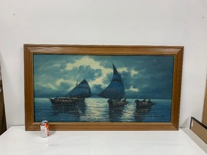 lot 143 image: LARGE Vintage 1960s Signed Oil on Canvas Painting - Fishing Boats