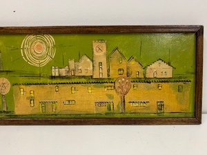lot 144 image: Very Cool Long Mid Century Original Oil on Board Painting - Green City Scene