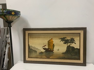 lot 249 image: Very Cool Signed Mid Century Oil on Canvas Painting wBoats - R.E. Russell