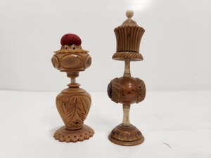lot 224 image: 2 Antique Victorian Carved Vegetable Ivory Sewing Items - Measuring Tape Pin Cushion etc