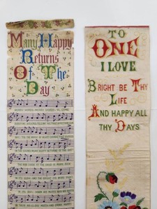 lot 229 image: 2 Antique 19th Century 1870s Stevengraph Silk Ribbons