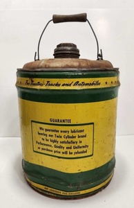 lot 270 image: Large Vintage 5 Gallon TWIN CYLINDER Motor Oil Can