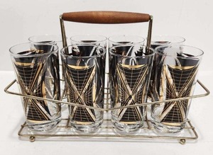 lot 295 image: Fantatsic Set of Mid Century Atomic Style Tumbler Glasses wBrass & Teak Stand