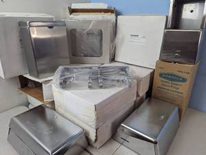 lot 124 image: Metal Bathroom Combo - 11 Double Glove Box Holders, 2 Paper Towel, 2 Toilet Paper, 1 Waste Basket
