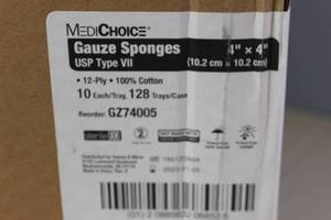 lot 184 image: MediChoice Gauze Sponge, 12-Ply, USP Type VII, Sterile, 4x4 Inch, White, 1314GZ74005 (Case of 128 trays of 10 sponges)