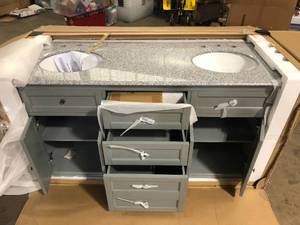 Home Decorators Collection Hamilton 61 in. W x 22 in. D Double Bath Vanity in Gray with Granite Vanity Top in Gray with White Sink Customer Returns See Pictures