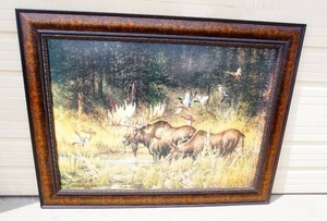lot 3 image: Beautiful Large 46 x 60 Framed October Rendezvous by Larry Fanning Moose Ducks Wildlife Framed Art Print Wall Dcor Picture