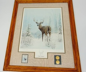 lot 4 image: Limited Edition 1990 Leo Stans Winter Wonder White Tail Deer Print. Earth Day National Park Series Limited Edition Signed with Commemorative Stamp and Coins.