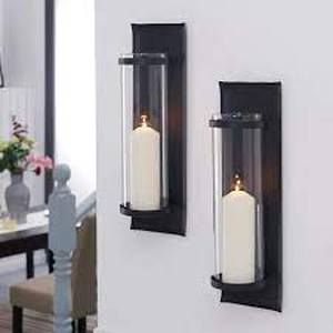 lot 206 image: Danya B. Set of 2 Metal Pillar Candle Sconces with Glass Inserts